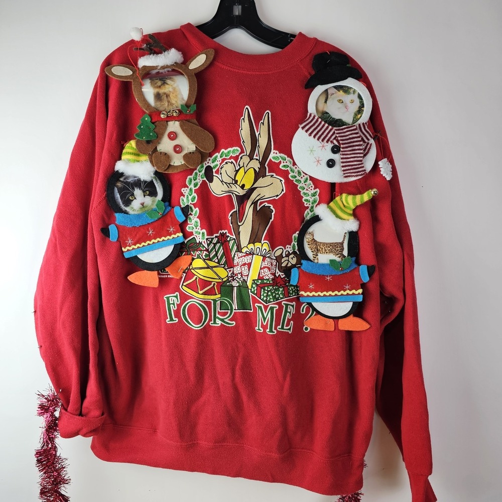 Handmade Decorated Wile E. Coyote Double Sided Ugly Christmas Sweater‎ XL Cats
